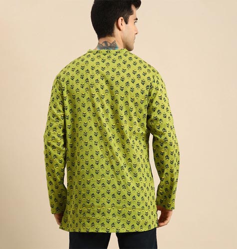 Men Green & Navy Blue Ethnic Motifs Printed Pure Cotton Straight Kurta